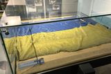 Ukrajinská vlajka, která vlála nad ocelárnami Azovstal v Mariupolu. Rusové poslední baštu obránců ve strategickém přístavním městě dobyli v květnu 2022. Prapor potrhaný šrapnely vojáci nakonec zachránili, kyjevskému muzeu jej daroval šéf ukrajinské vojenské rozvědky Kyrylo Budanov.