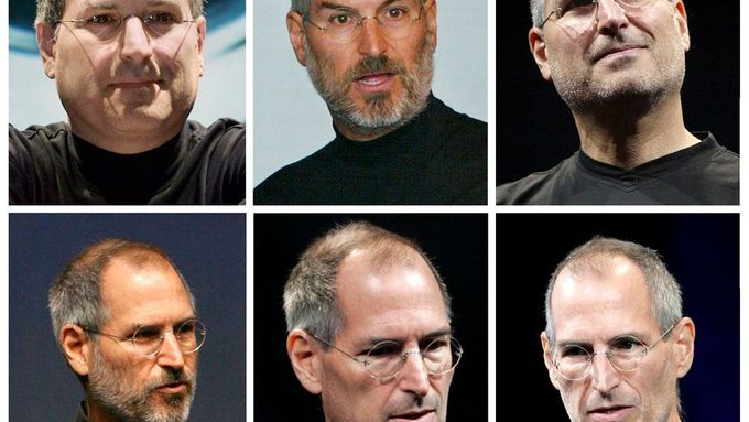 Steve Jobs v proměnách času. V horním pásku se díváte na fotografie (zleva doprava) z let 2000, 2003 a 2005. Ve spodní řadě jsou snímky z let 2006, 2008 a 2009.