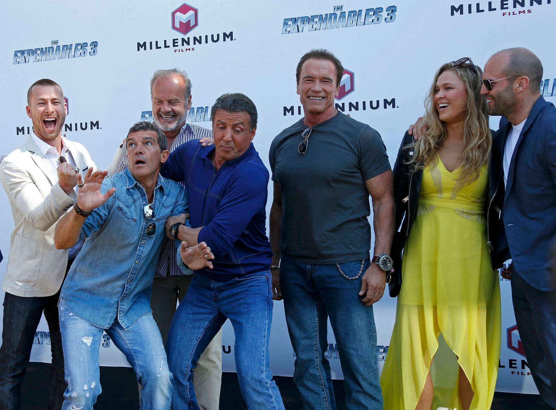 Cast Glen Powell , Banderas, Grammer, Stallone, Schwarzenegger, Rousey, Statham pose during a photocall on the Croisette to promote the film &quot;The Expendables 3&quot; during the 67th Cannes Film F