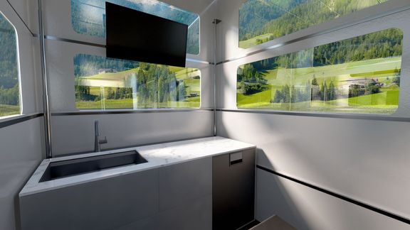 Okna mají stmívací funkci, kuchyň vypadá moderně a topení má CyberLandr v podlaze.
