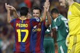 Vedle Messiho a Alvese se trefil i Pedro Rodriguez, který se raduje spolu s Xavim.