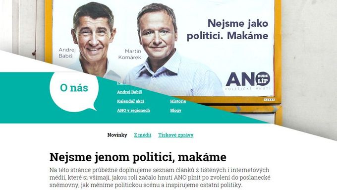 Volební heslo z plakátů "Nejsme jako politici. Makáme", se na webu ANO nenápadně, leč zásadně změnilo. Babišovci prý už teď jsou politici, ale ne "jenom".