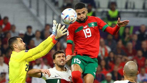 Júsuf Nasjrí dává gól ve čtvrtfinále MS 2022 Maroko - Portugalsko
