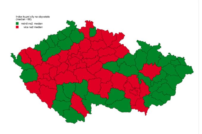 Index kupní síly na obyvatele v okresech ČR (median = 96)