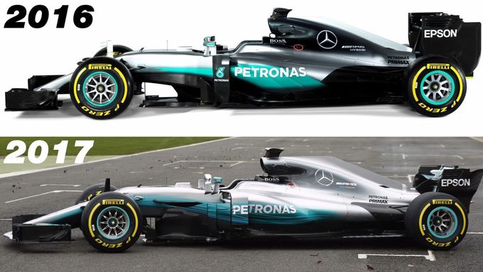 Nový monopost F1 Mercedes je už na první pohled nižší než jeho loňský vítězný předchůdce. Nejvíc je to patrné na posazení zadního spoileru.