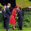 Britain's Prince William watches as his wife Catherine receives a Maori welcome known as a 'Hongi' in Wellington