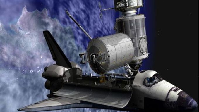 Vyndání válcovité laboratoře Columbus z nákladního prostoru raketoplánu za pomoci robotického ramena Mezinárodní vesmírné stanice v představě kreslíře.