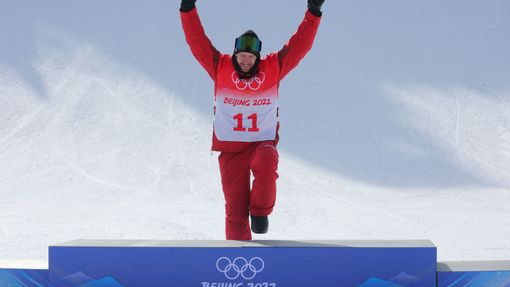 2022 Beijing Olympics - Snowboard - Men's SBD Slopestyle Final Run 1 - Genting Snow Park, Zhangjiakou, China - February 7, 2022. Max Parrot of Canada celebrates as he ste