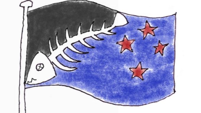 Parodie na návrh nové vlajky Nového Zélandu - "rybí kost".