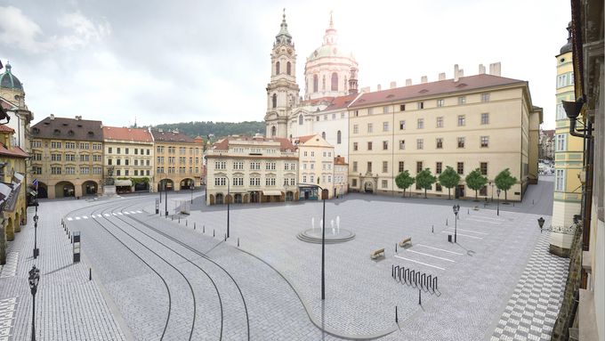 Malostranské náměstí tak, jak by mohlo v budoucnu vypadat - tedy bez poslaneckých i jiných aut.