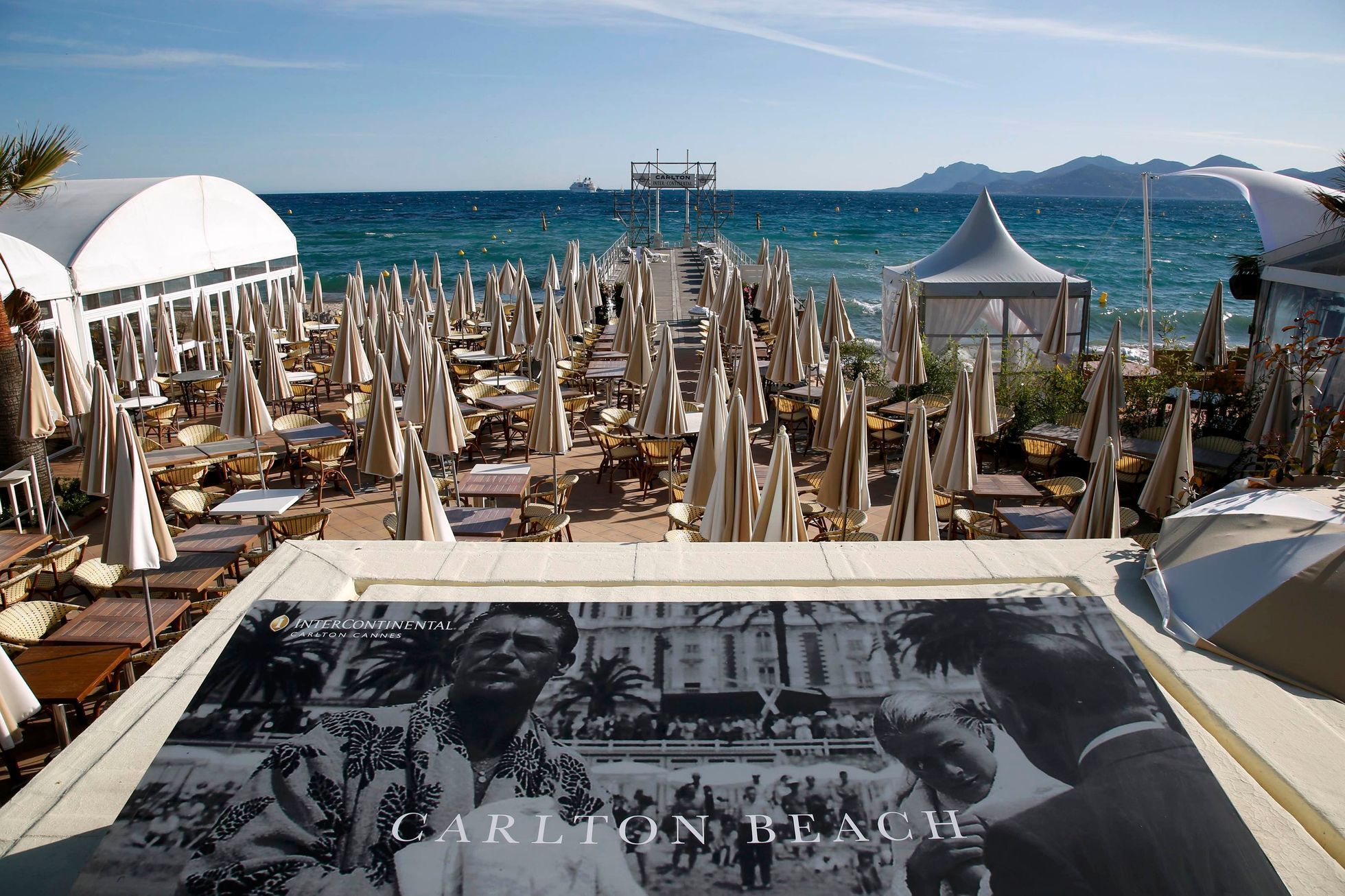 View of the Carlton Hotel pier as preparations continue ahead of the 67th Cannes Film Festival in Cannes
