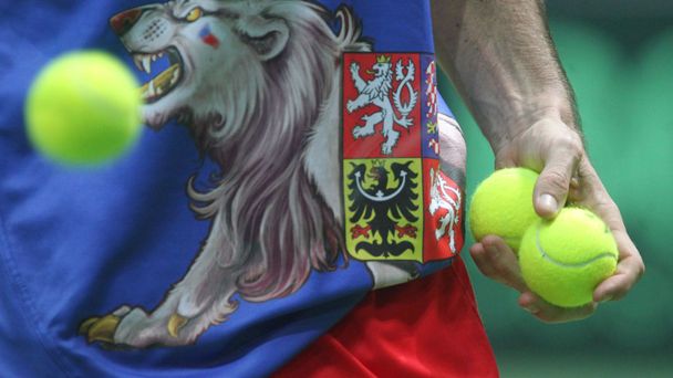 Čeští tenisté se radují z vítězství ve finále Davis Cupu 2012 proti Španělsku.
