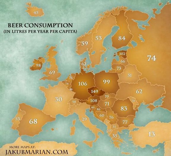Spotřeba piva v Evropě (v litrech na hlavu za rok)