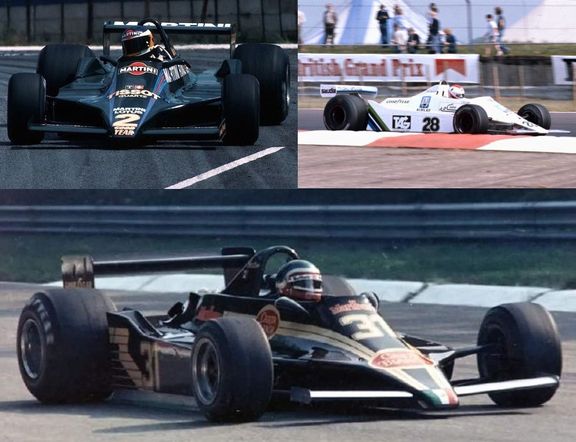 Naroubováním bočnic z Williamsu FW07 (vpravo nahoře) na Lotus 79 (vlevo nahoře) vznikl nový monopost Rebaque HR100 (dole).