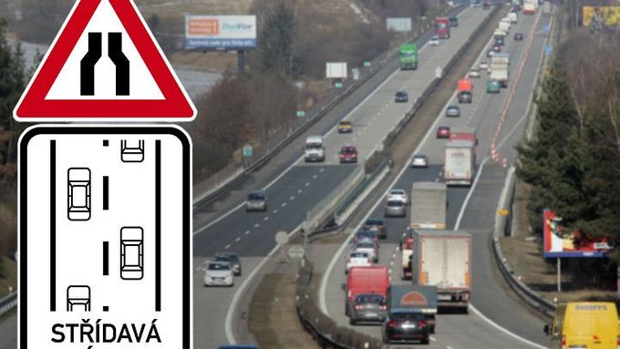 Nový typ dopravní značky varující před zúženými jízdními pruhy v omezení