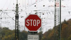 A stop sign stands in a train depot in Gremberg