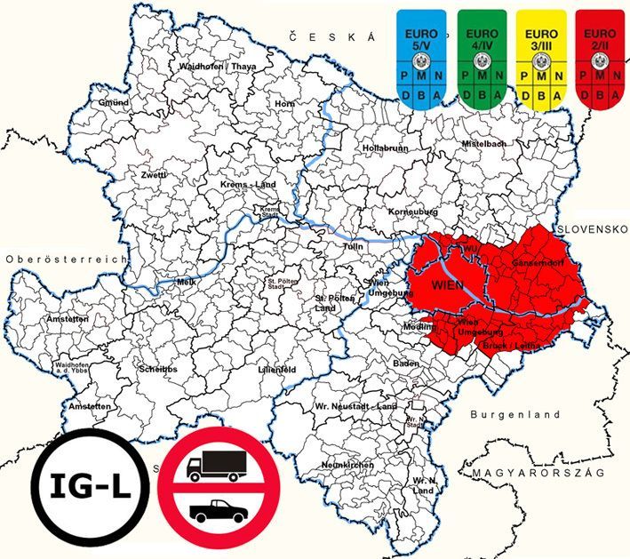 Mapa s vyznačením emisních zón v Rakousku