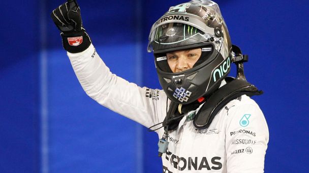 Mercedes Formula One driver Nico Rosberg of Germany celebrates after taking pole position at the qualifying session of the Bahrain F1 Grand Prix at the Bahrain International Circuit (BIC) in Sakhir