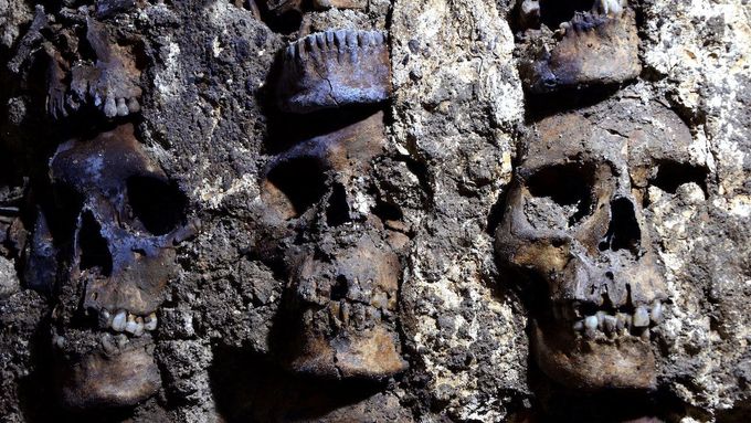 Archeologové našli v mexické metropoli 119 lebek. Ty byly součástí obřadní věže vystavěné Aztéky před více než 500 lety.