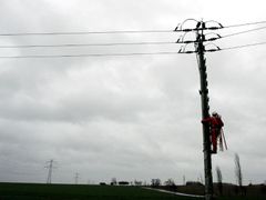 Oprava elektrického vedení po vichřici u silnice na Písek u obce Čimelice.