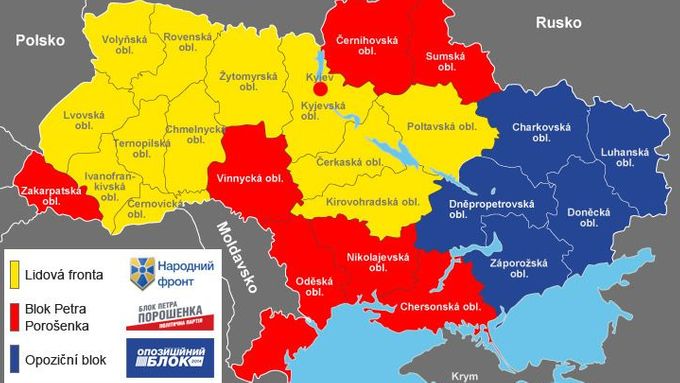 Přehledně oblasti, ve kterých vyhrály hlavní ukrajinské strany.