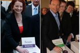 A takto odevzdali rivalové hlas: nalevo současná premiérka Julia Gillardová, napravo opoziční lídr Tony Abbott.