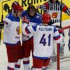 Russia's Malkin celebrates goal as France's Amar reacts in men's ice hockey World Championship quarter-final game in Minsk