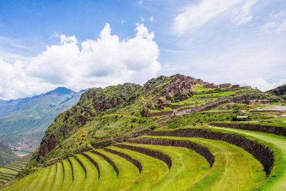 Zříceniny inckého města Pisac s úrodnými terasovitými poli, oddělenými kamennými zdmi a napájenými zavlažovacím systémem.