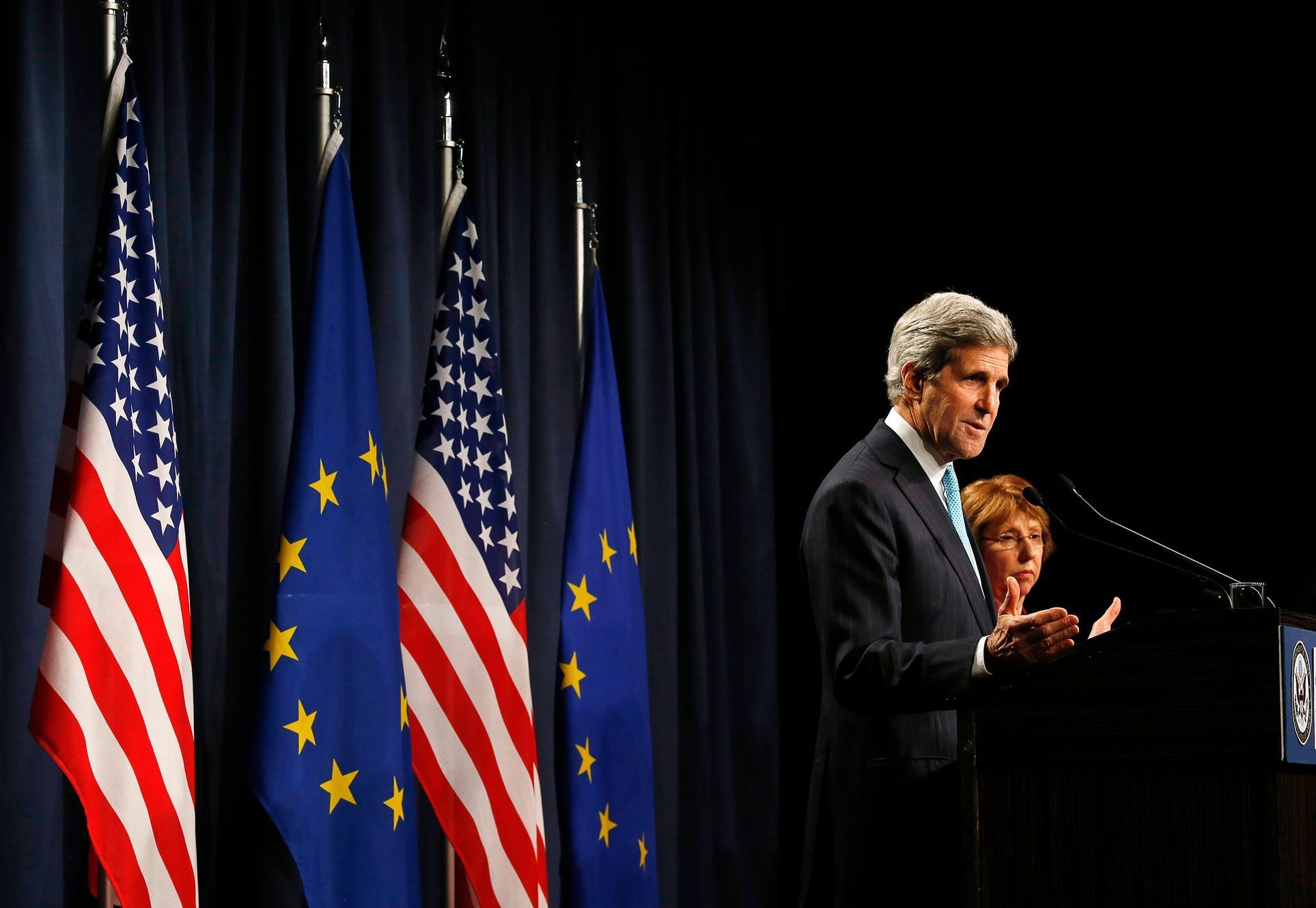 U.S. Secretary of State Kerry and EU High Representative Ashton speak to the media after a quadrilateral meeting on Ukraine, in Geneva