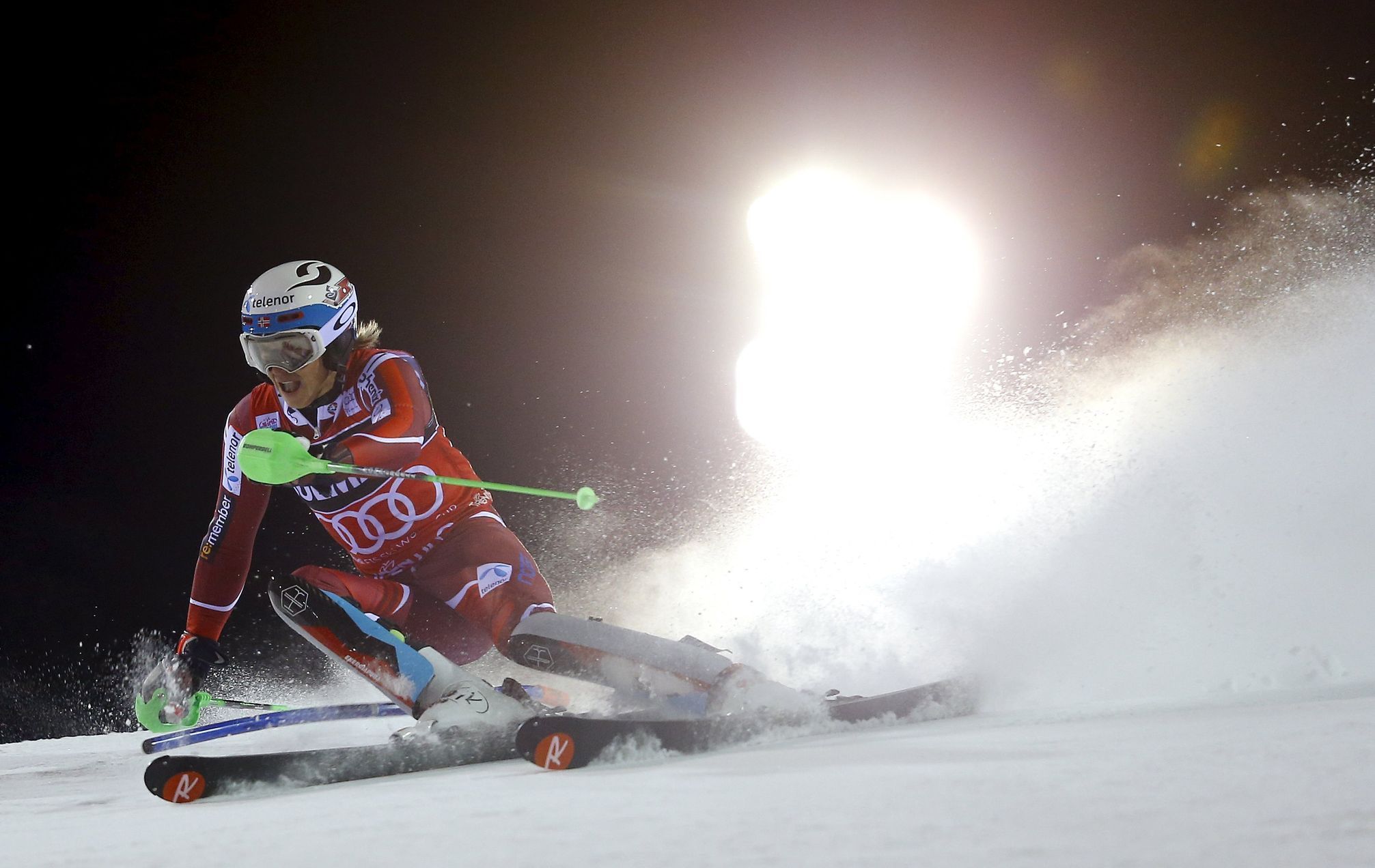 Kristoffersen of Norway clears a gate during the first run in the men's slalom at the Alpine Skiing World Cup in Madonna di Campiglio