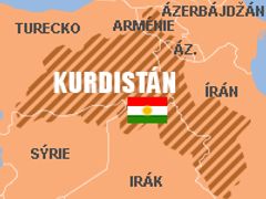 Mapa, znázorňující přibližně kurdské osídlení v Turecku, Sýrii, Iráku a Íránu.
