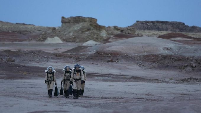 Members of Crew 125 EuroMoonMars B mission return after collecting geologic samples for study at the Mars Desert Research Station (MDRS) in the Utah desert March 2, 2013.