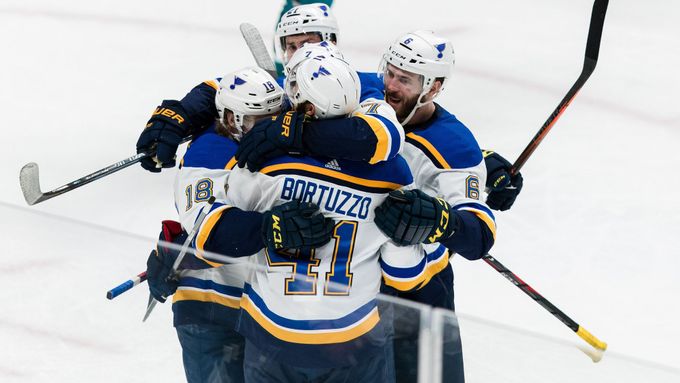 May 13, 2019; San Jose, CA, USA; St. Louis Blues defenseman Robert Bortuzzo (41) celebrates after scoring a goal against the San Jose Sharks after in the second period of