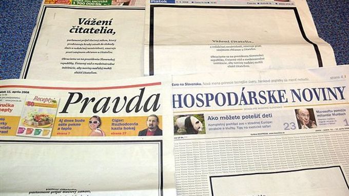 Slovenské deníky proti přijetí zákona protestovaly tím, že místo titulní strany dvakrát vytiskly varování, že zákon omezí svobodu slova