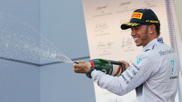 Mercedes Formula One driver Hamilton of Britain sprays champagne after winning the first Russian Grand Prix in Sochi