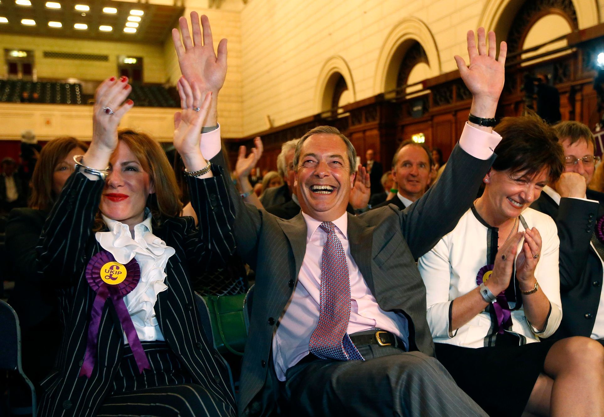 UK Independence Party  (UKIP) leader Nigel Farage, and UKIP candidates Janice Atkinson and Diane Jones react to the results of the European Parliament election for the south east region, in Southampto