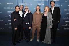 Herci Kieran Culkin, Alan Ruck, Brian Cox, Jeremy Strong, Sarah Snooková a Nicolas Braun na newyorské premiéře poslední řady Boje o moc.