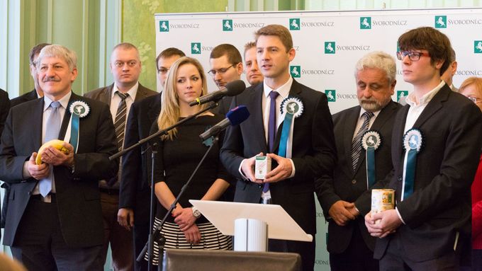 Free Citizens' Party chairman Petr Mach speaking at a press conference