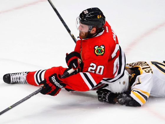 Brandon Saad Blackhawks' Saad falls on Bruins' Seidenberg during Game 2 o