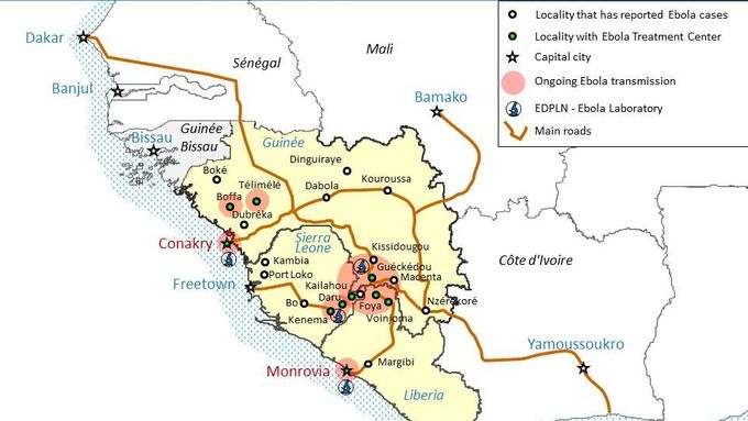Mapa WHO zobrazující místa výskytu eboly v Africe.
