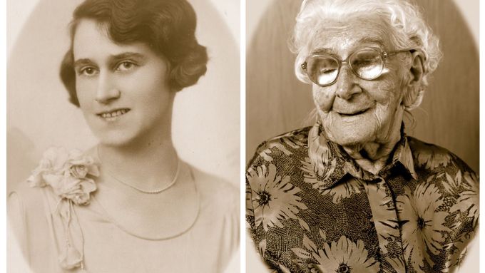 Bedřiška Köhlerová, narozena 1907 v italském Meranu. Vlevo 26 let (svatba), vpravo 103 roků.