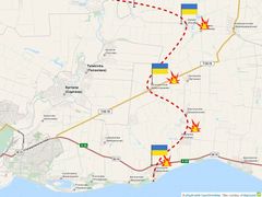 Ukrajinské síly zaútočily východně od Mariupolu, ve směru k ruské hranici. Kliknutím na šipku se mapa zvětší.