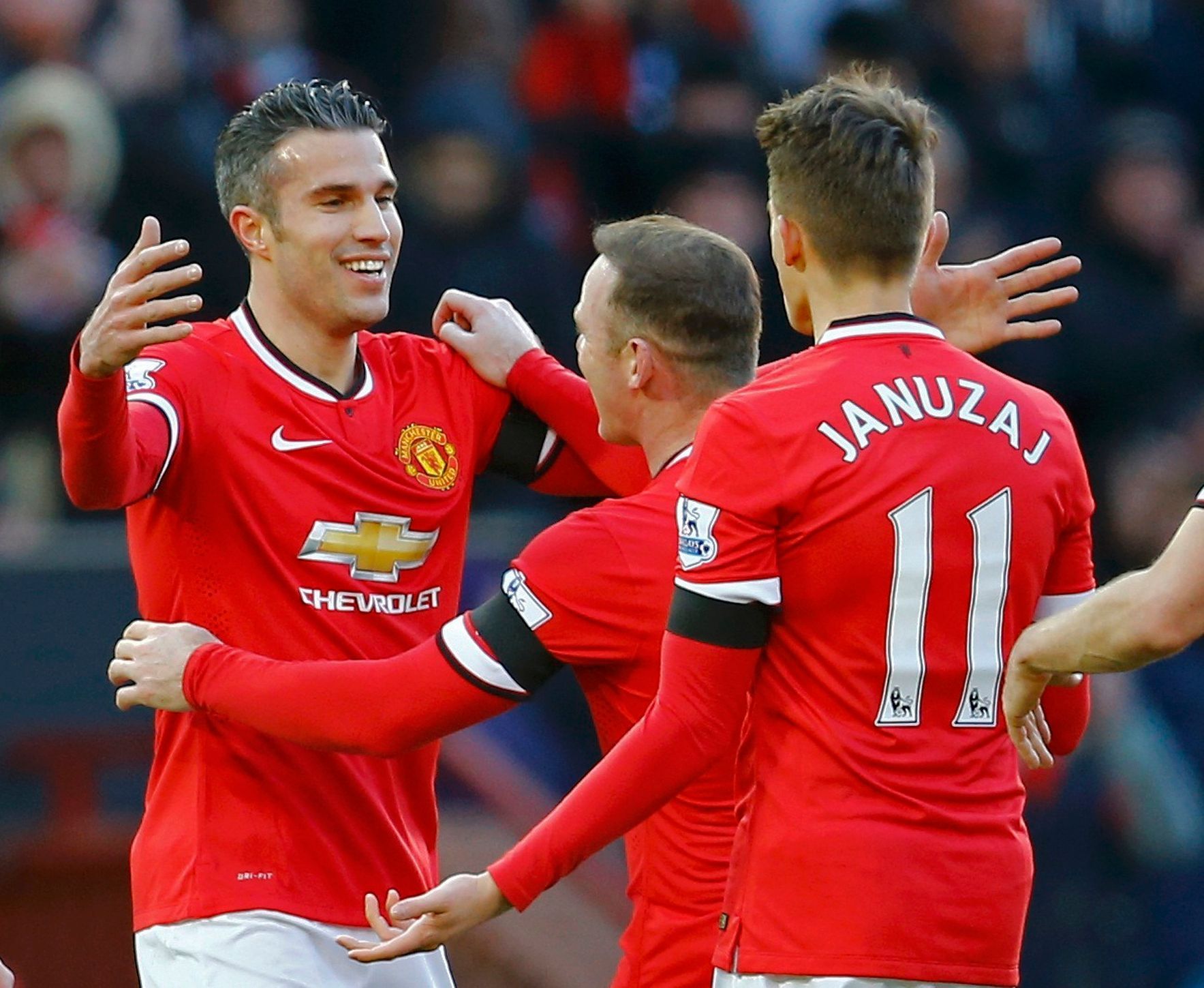 Van Persie, Rooney a Januzaj slaví gól Manchesteru United