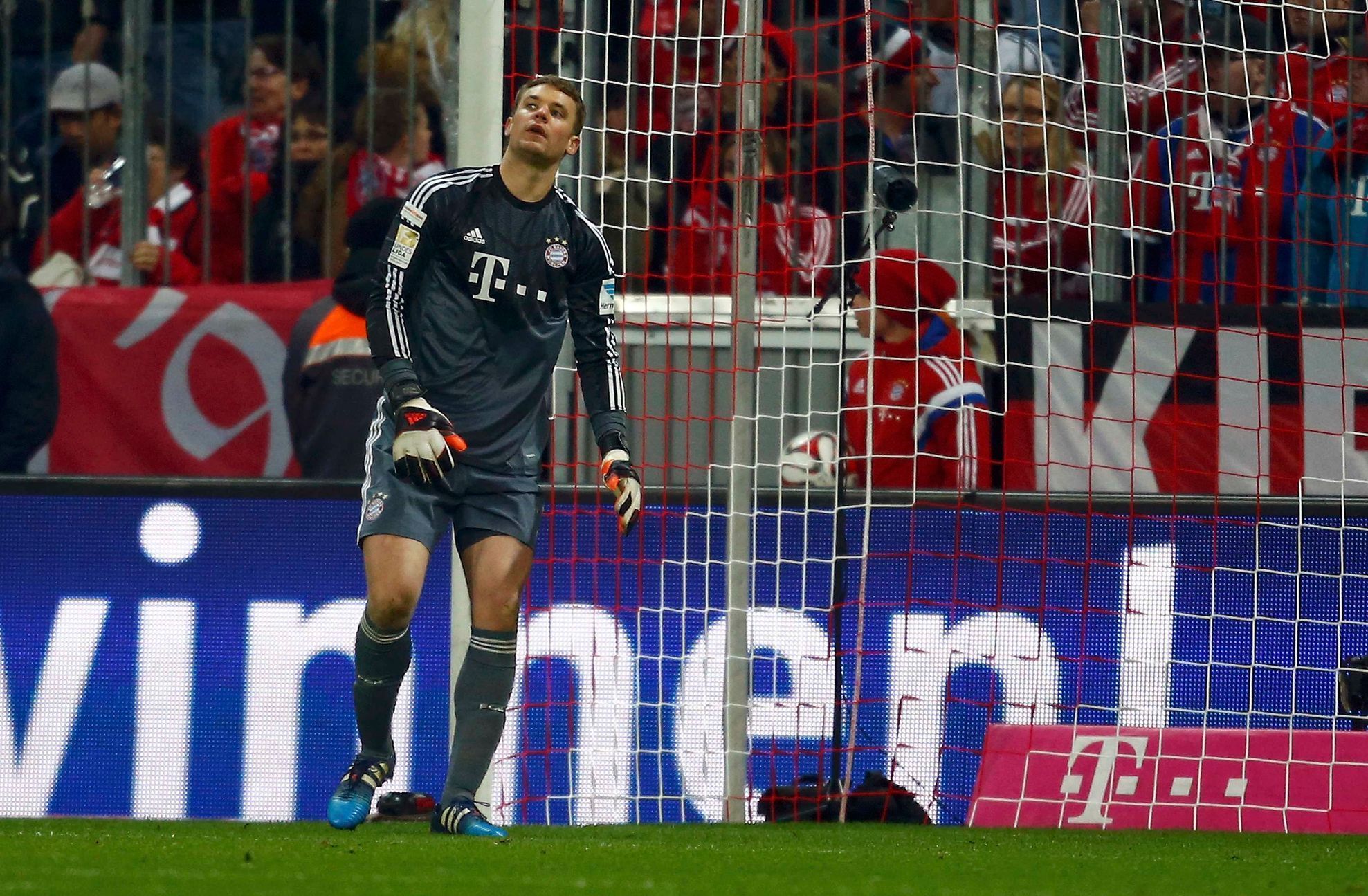 Bayern Munich's goalkeeper Neuer reacts after he failed to save a shot by Borussia Moenchengladbach's Raffael during their Bundesliga first division soccer match in Munich