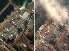 Japonská elektrárna Fukušima dříve a nyní po zničujících explozích