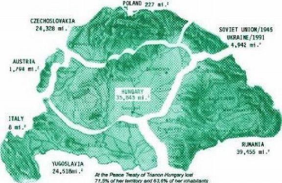 Přehledná mapka srovnává Uhry před rokem 1918 a Maďarsko po Trianonské smlouvě.
