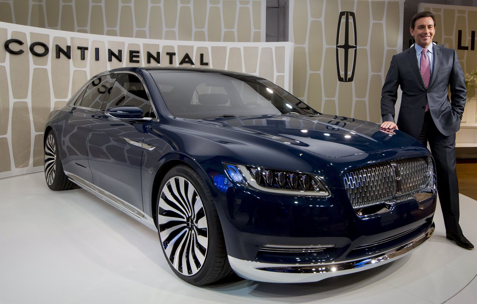 Ford Motor Co. CEO Fields poses with the Lincoln Continental concept car at an event ahead of the New York International Auto Show in New York