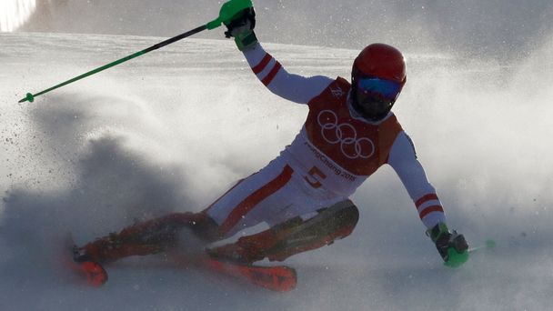 Marcel Hirscher při slalomu na ZOH 2018