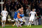 Stoch of Slovakia celebrates his goal against Spain with team mates during their Euro 2016 qualification soccer match at the MSK stadium in Zilina