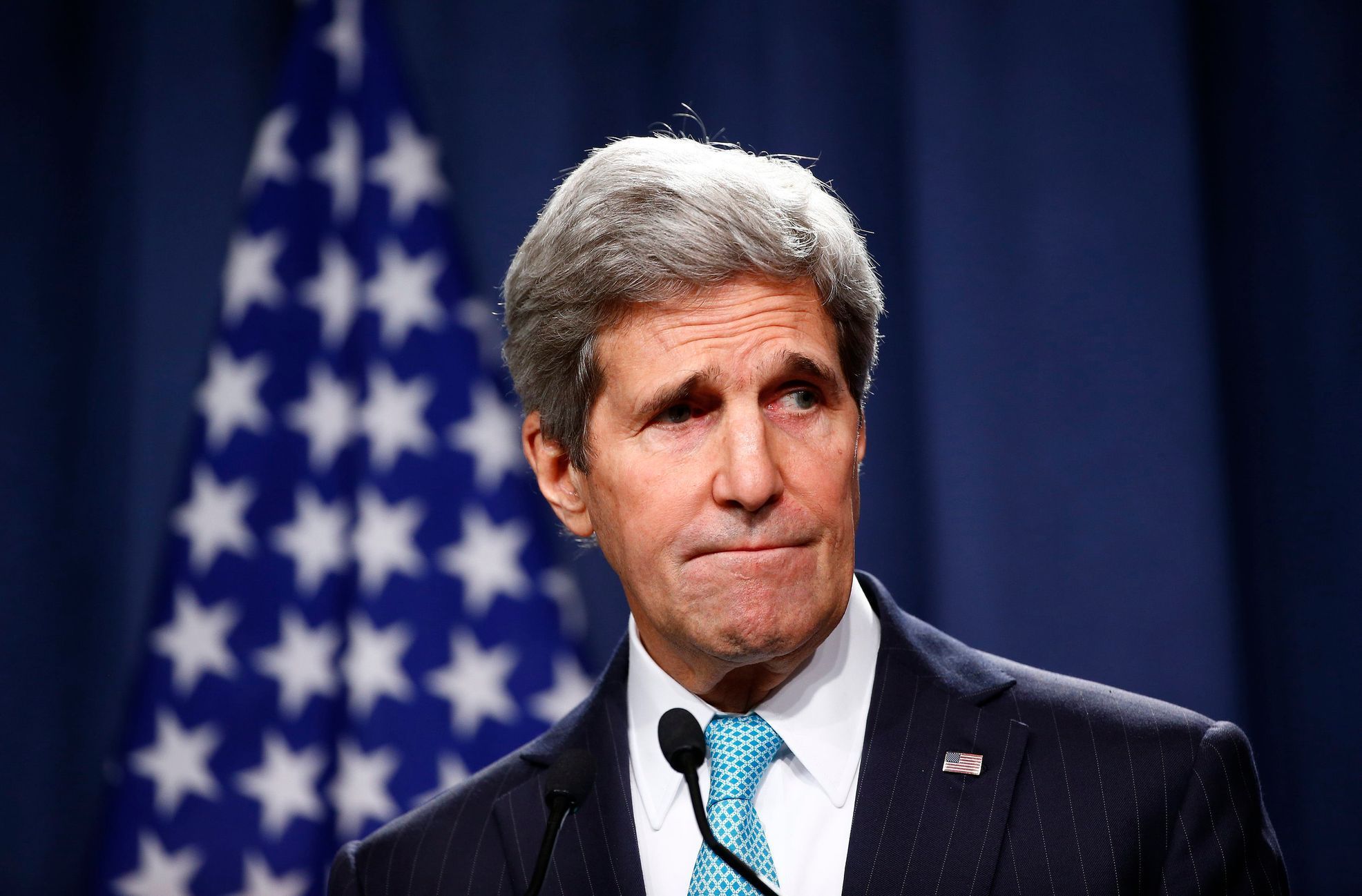 John Kerry attends media after talks on situation in Ukraine in Geneva